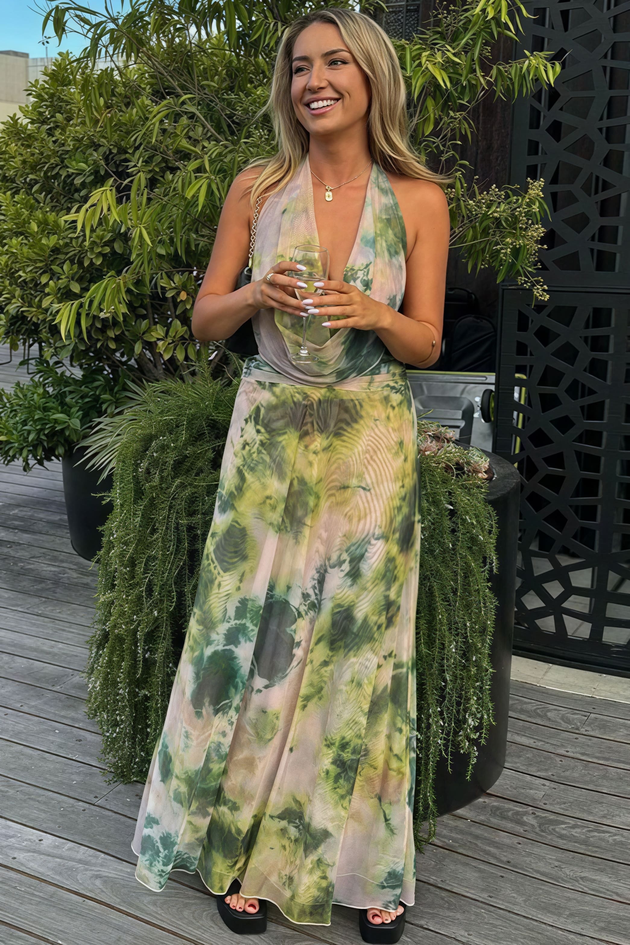 Watercolor Print Deep V Cowl Neck Backless Cami Ruched Maxi Dress