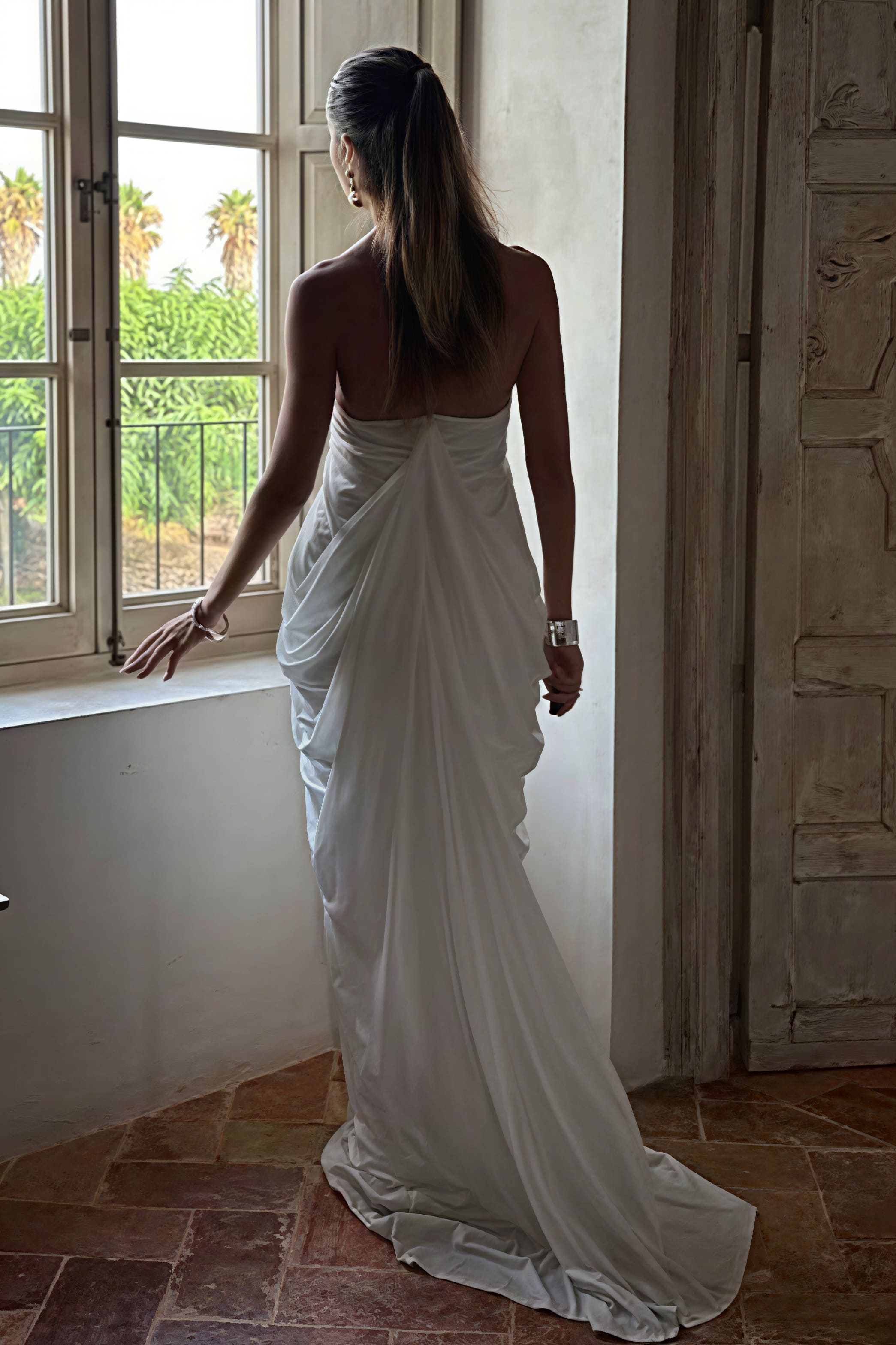 Loose V Neck Ruffled Halter Tulle Maxi Dress