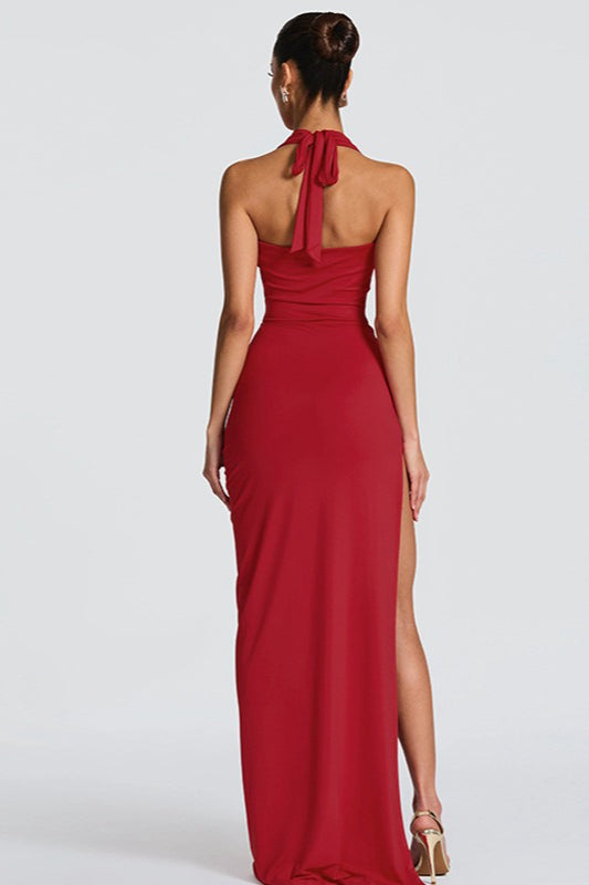 Sexy Deep V Halter Backless Slit Formal Dress
