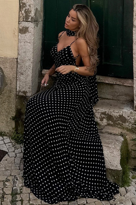 Polka Dot Sexy V Neck Cami Backless Maxi Dress