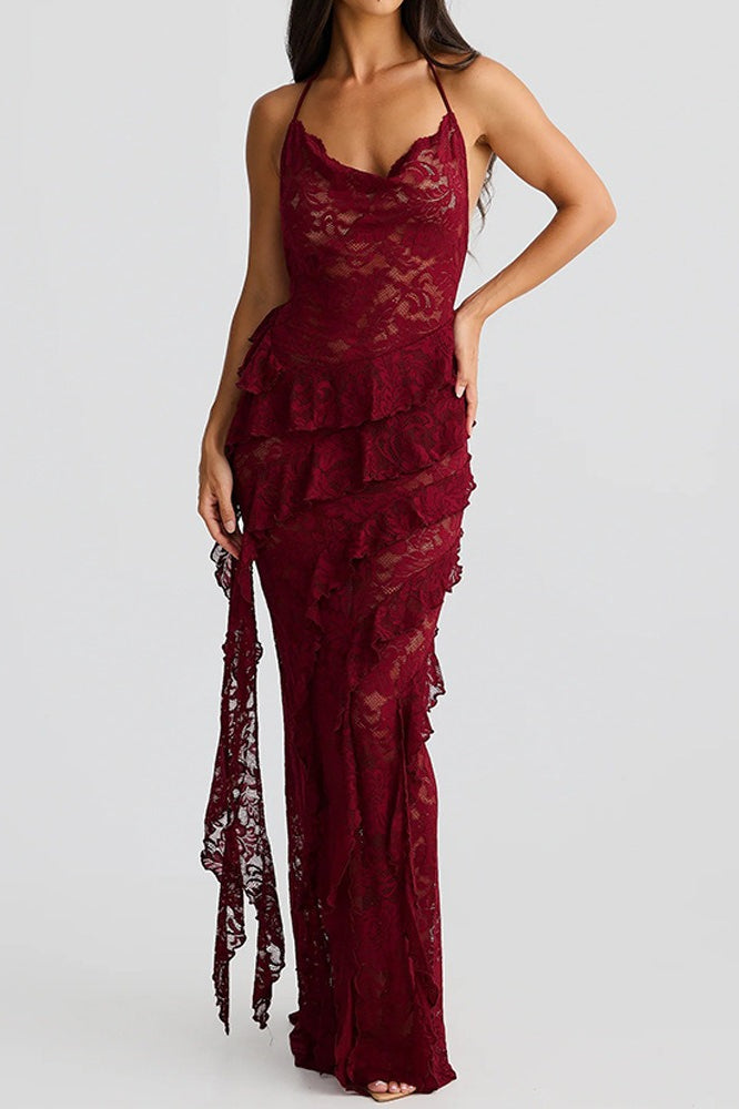Backless Lace Halter Maxi Dress