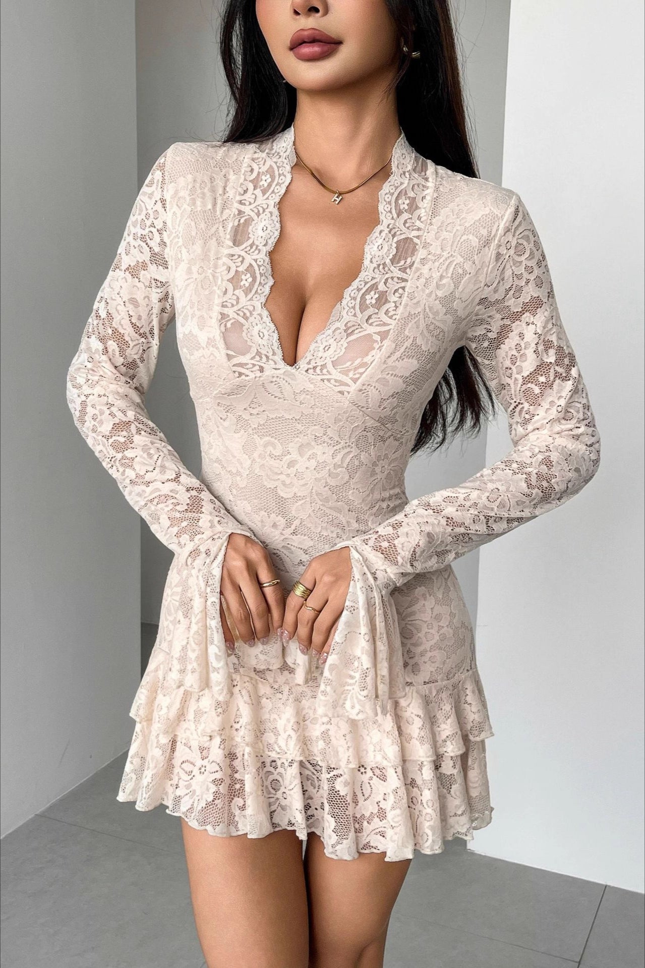 Lace VNeck Double Ruffle Bodycon Dress