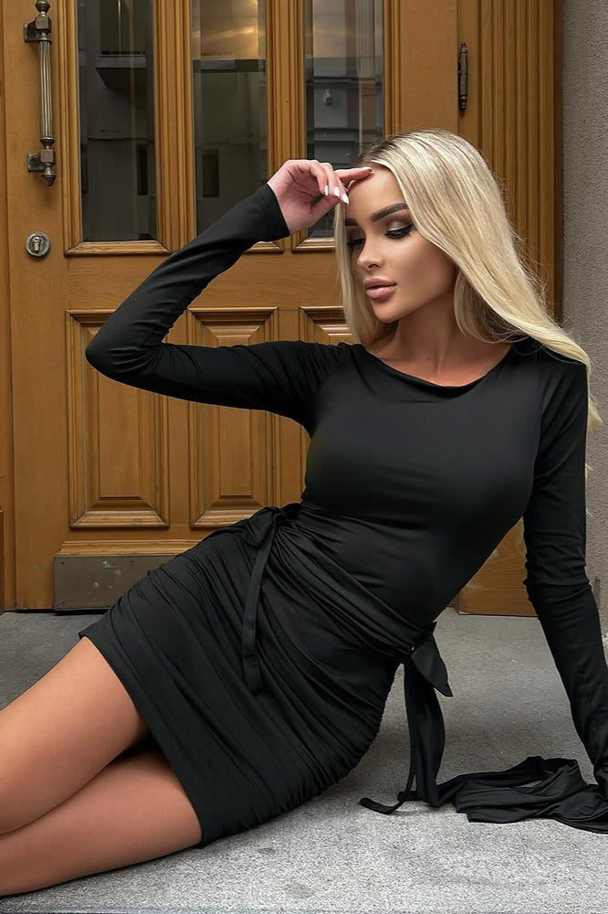 Crew Neck Long Sleeve Bow Tie Ruched Mini Dress
