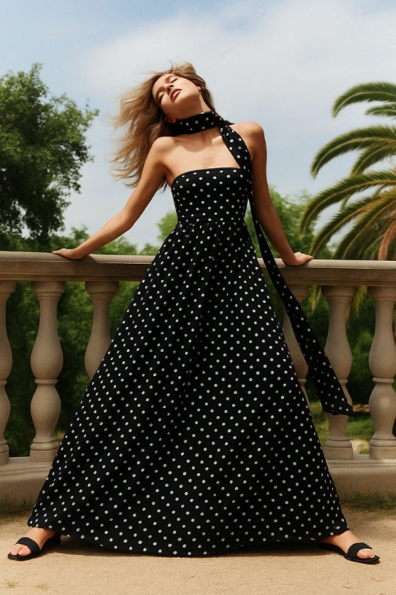 Polka Dot OffShoulder Cami Tie Maxi Dress