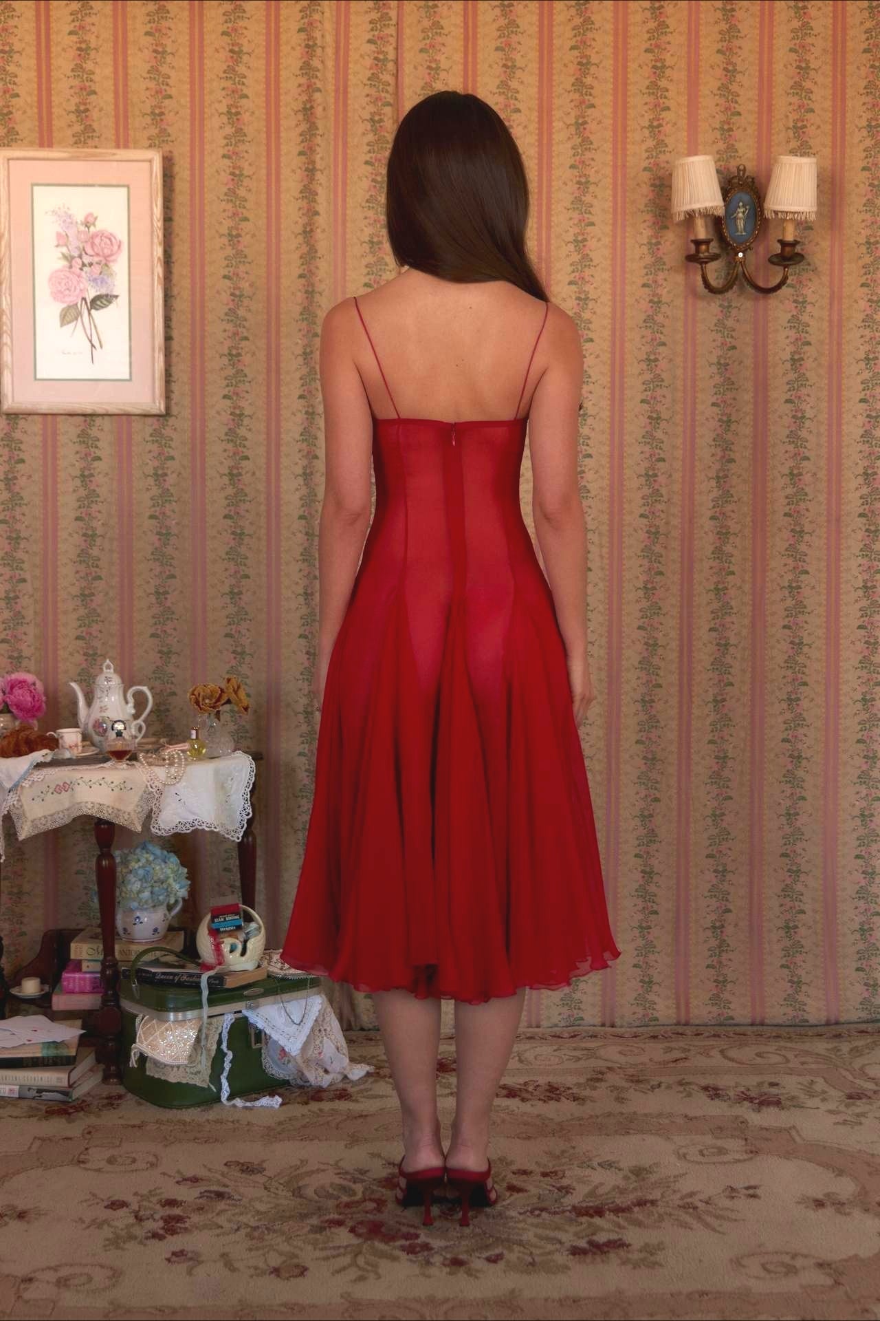 3D Flower Deep V Patchwork Spaghetti Strap Romantic Midi Dress