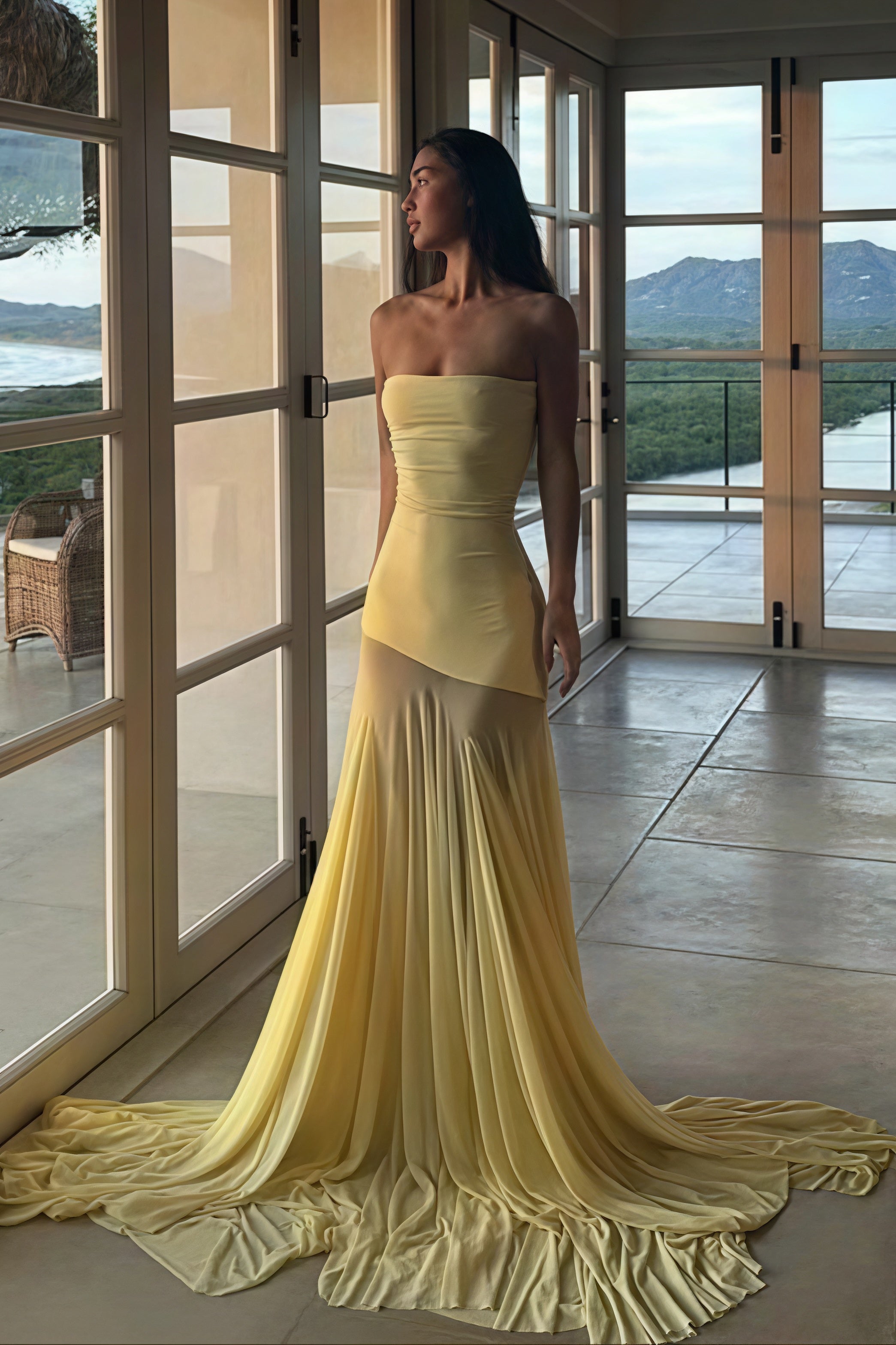 Solid Slim Patchwork Sheer Strapless Maxi Dress