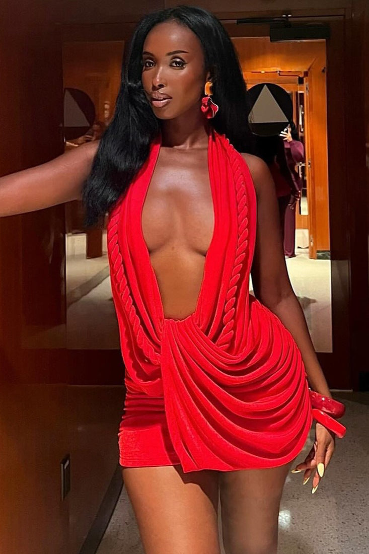Sexy Ruched Solid Halter Deep V Backless Bodycon Mini Dress