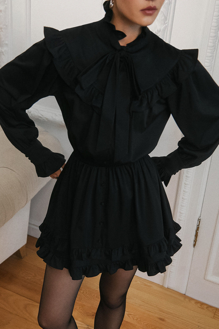 Elegant Bow Tie Lace Up Long Sleeve A Line Mini Dress