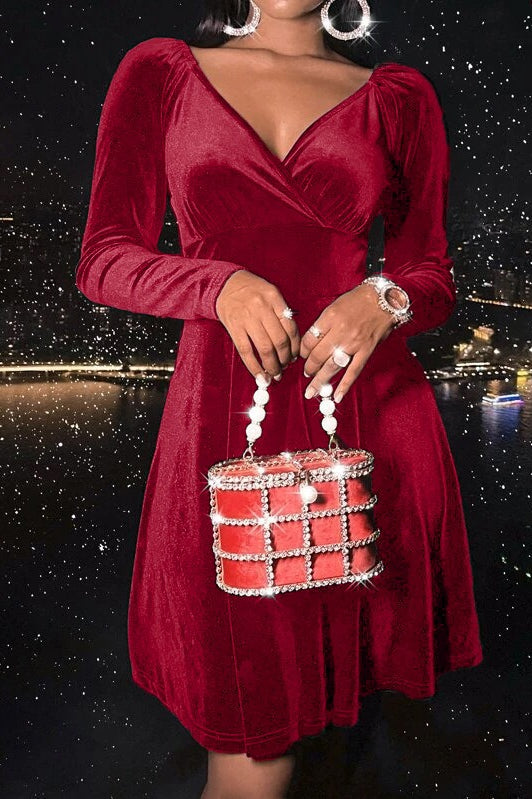 Velvet Solid Long Sleeve V-neck Midi Dress