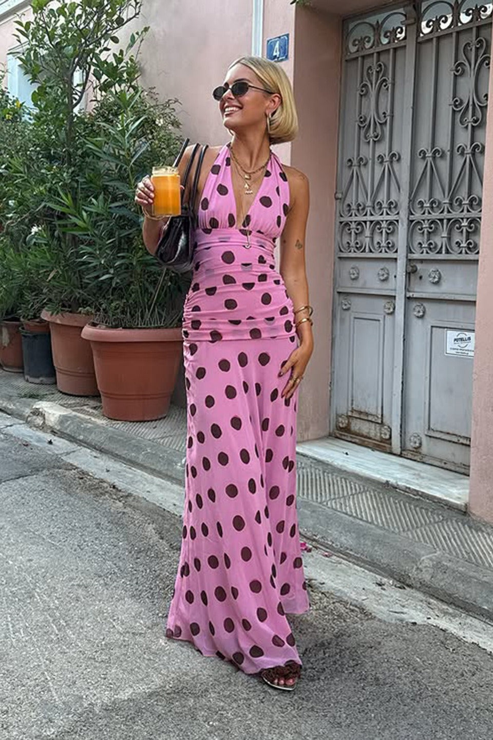 Polka Dot Halter VNeck Color Block Bodycon Maxi Dress