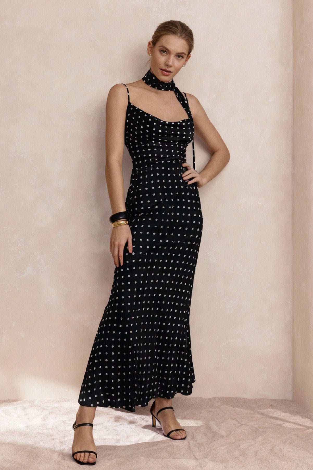 Elegant Polka Dot Cowl Neck Maxi Dress