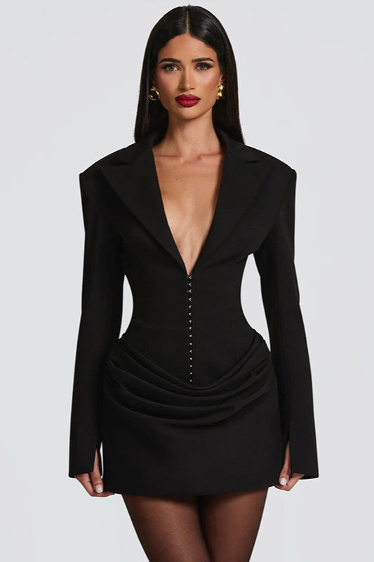 Solid Tailored Deep V Neck Slim Waist Mini Dress