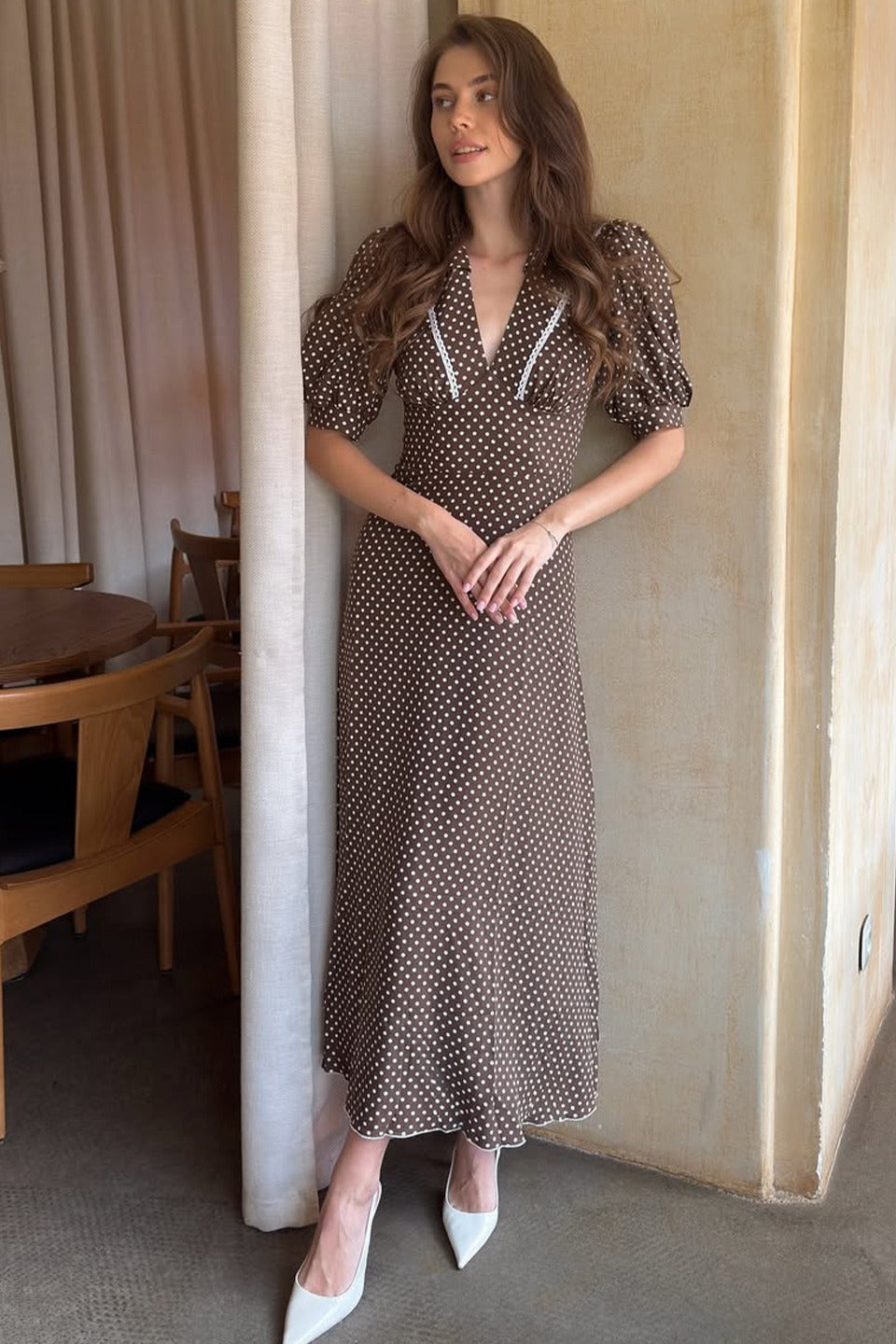 Polka Dot VNeck Puff Sleeve Bodycon Maxi Dress