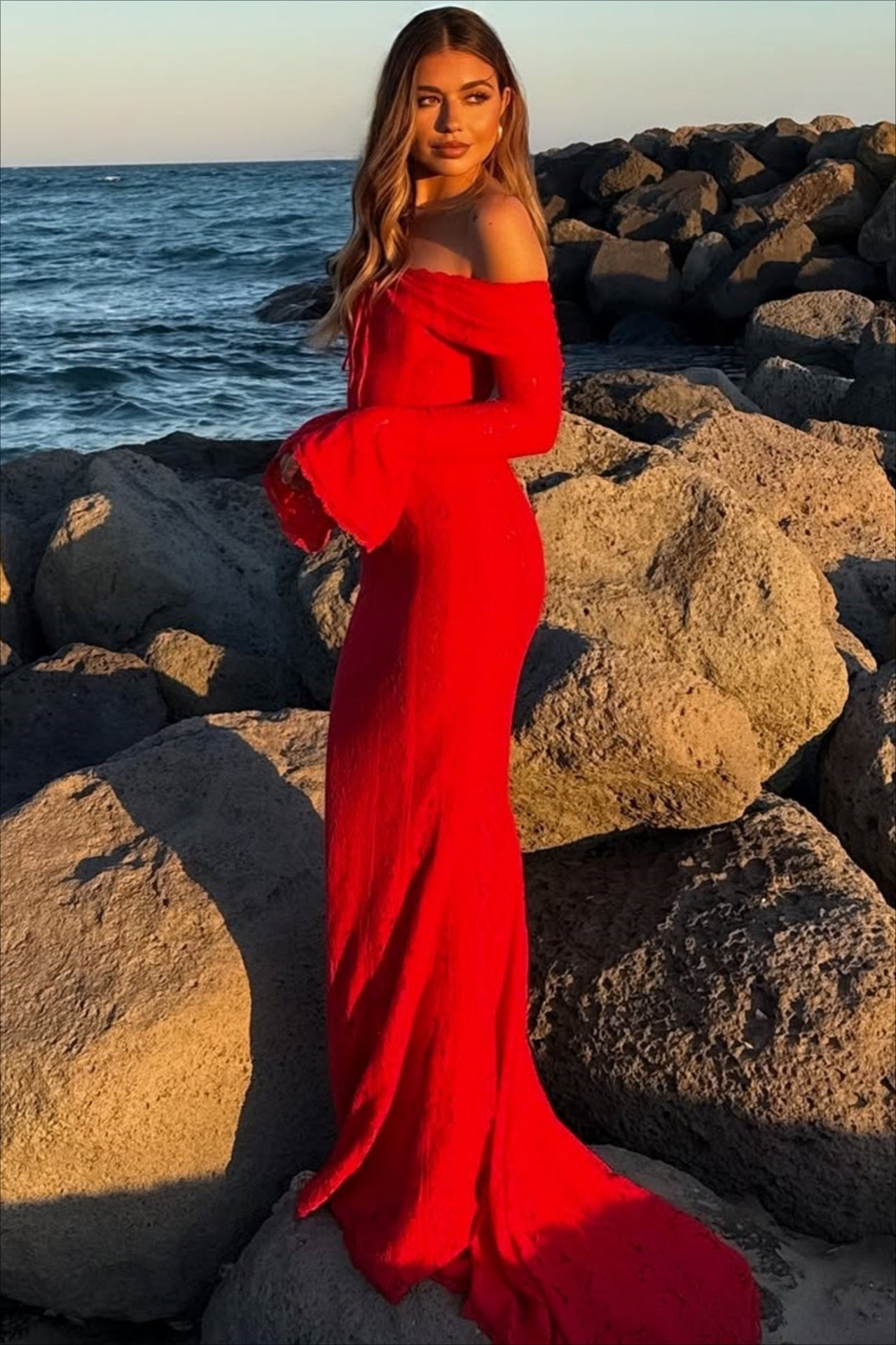 Lace Bustier Bell Sleeve Maxi Dress