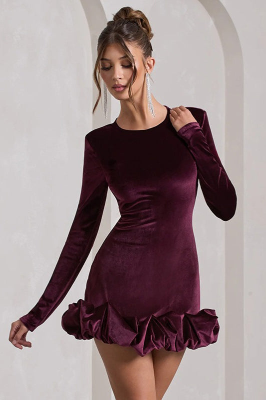 Luxe Velvet Crew Neck Pleated Long Sleeve Mini Dress