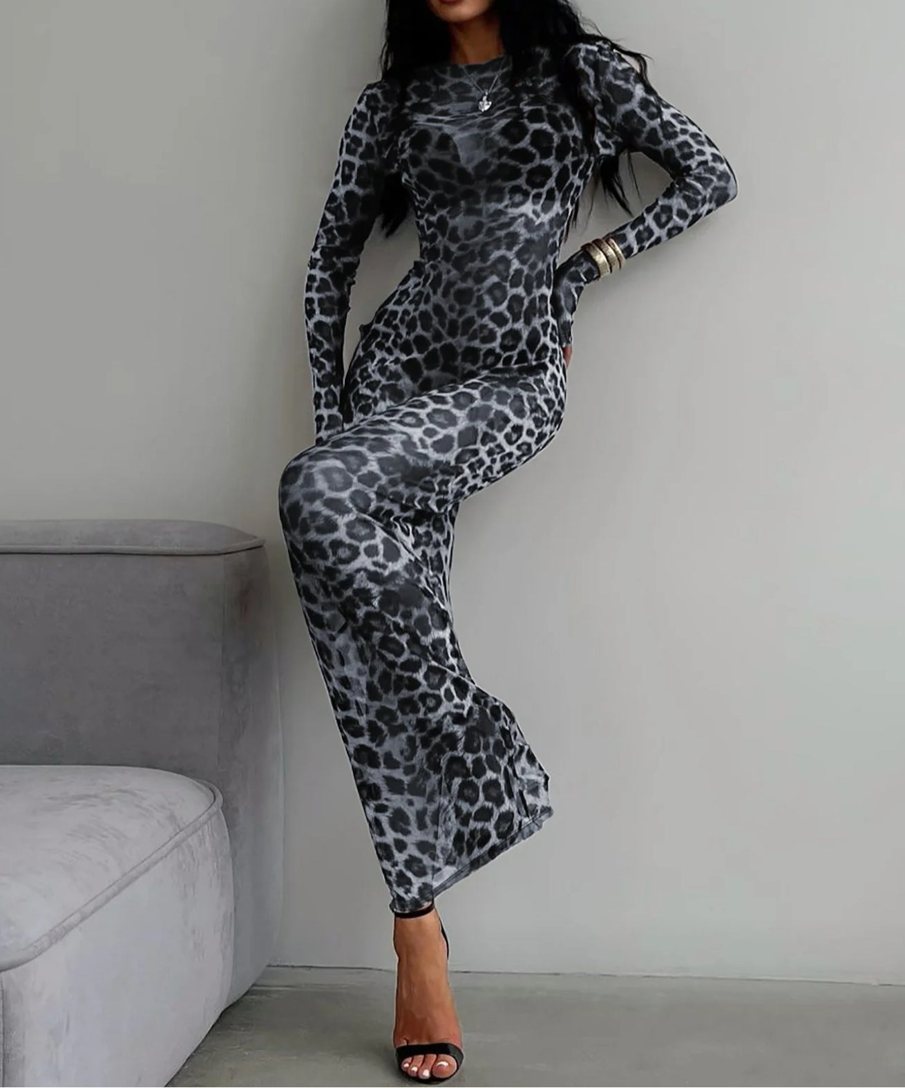 Leopard Print Sleeve Maxi Dress