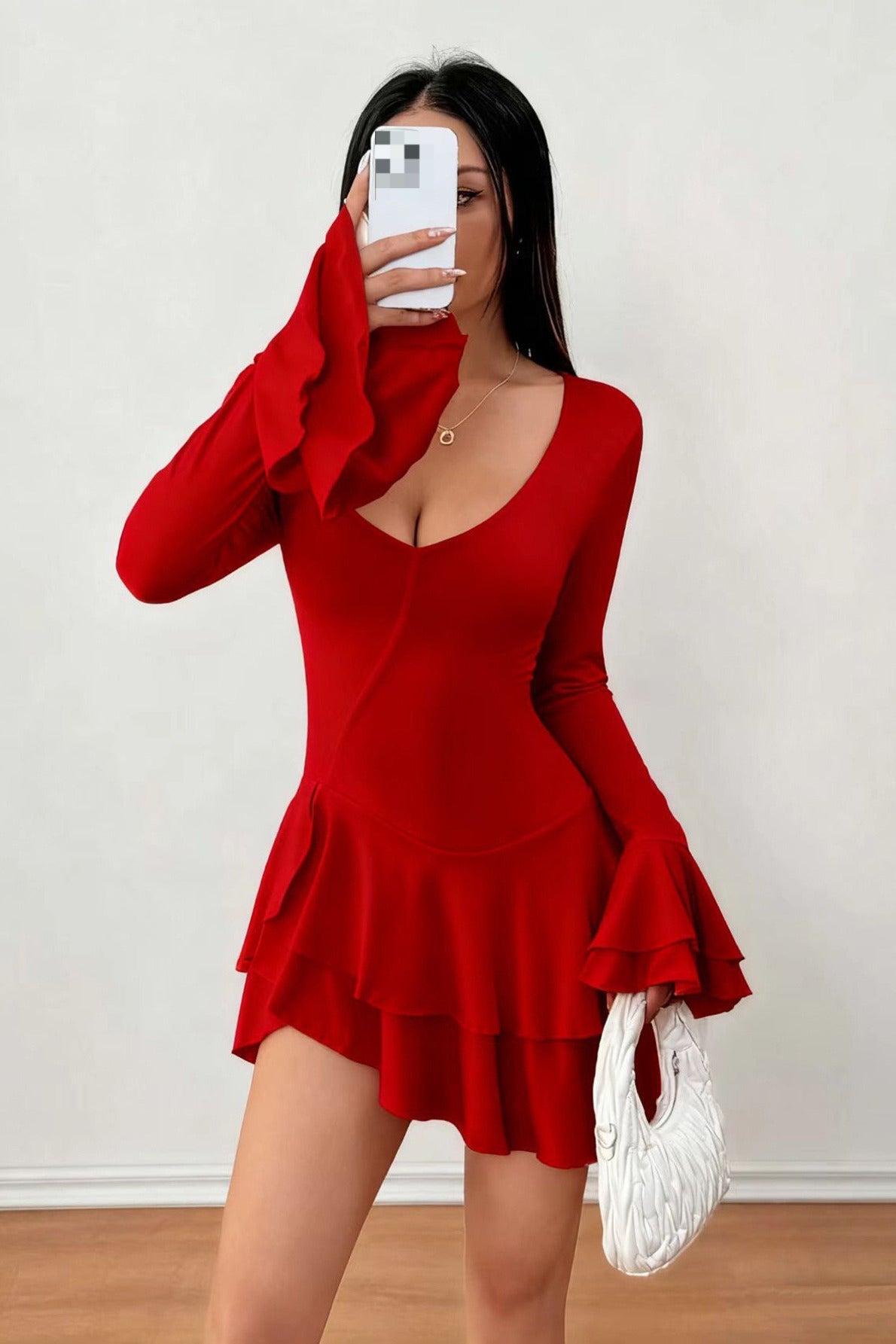 High Waist Slim Fit Solid Color Long Sleeve Mini Dress