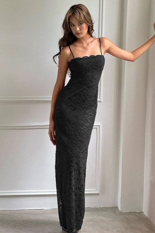 Lace Cutout Spaghetti Strap Sexy Slim Maxi Dress