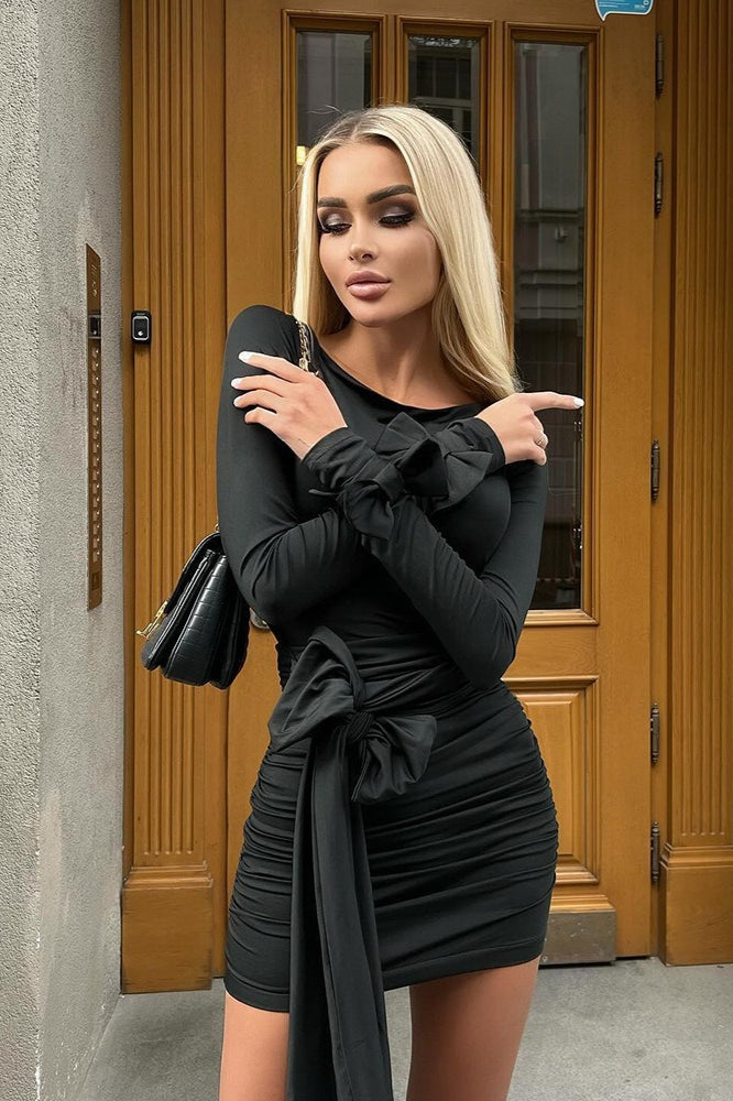 Crew Neck Long Sleeve Bow Tie Ruched Mini Dress