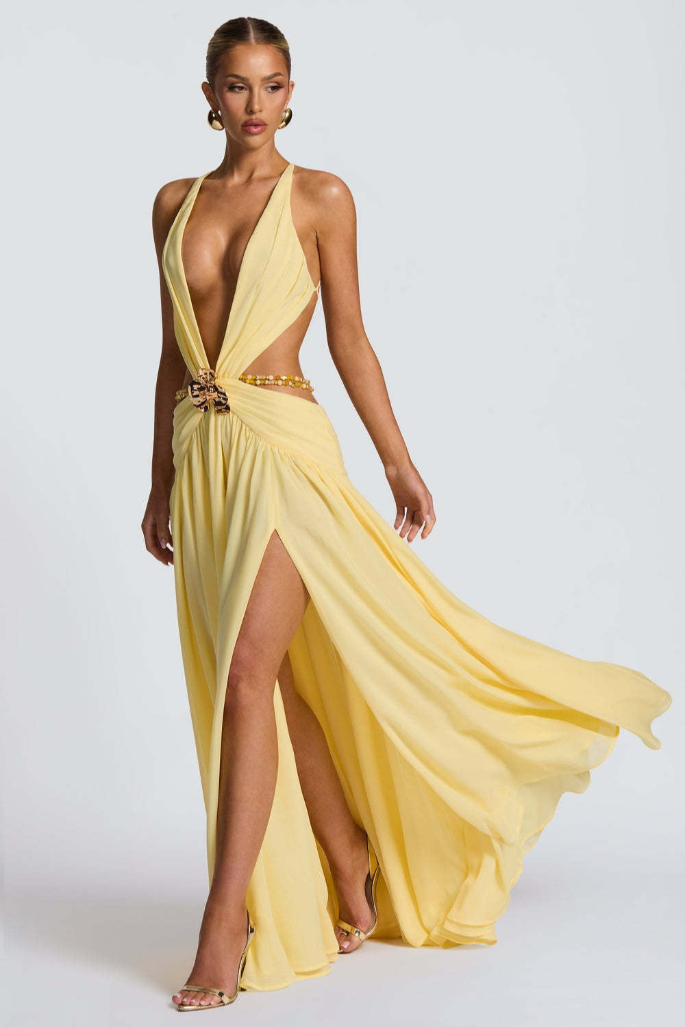 Halter Deep V Tie Backless High Slit Maxi Dress