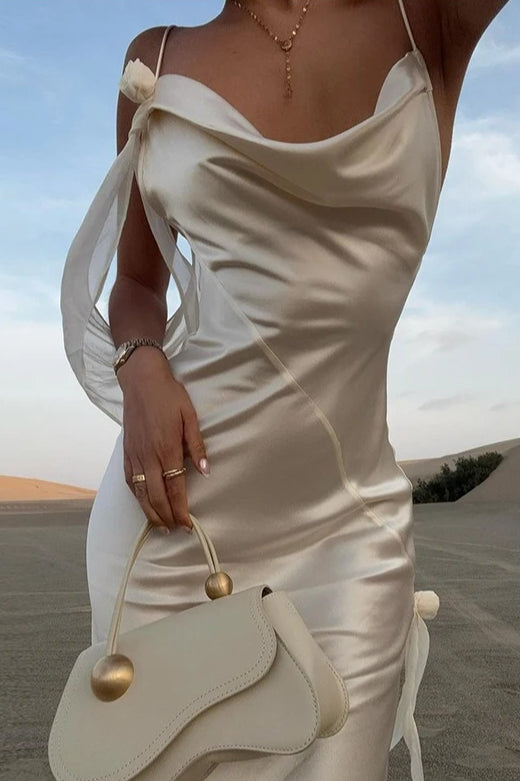 Solid Satin Floral Backless Elegant Maxi Dress