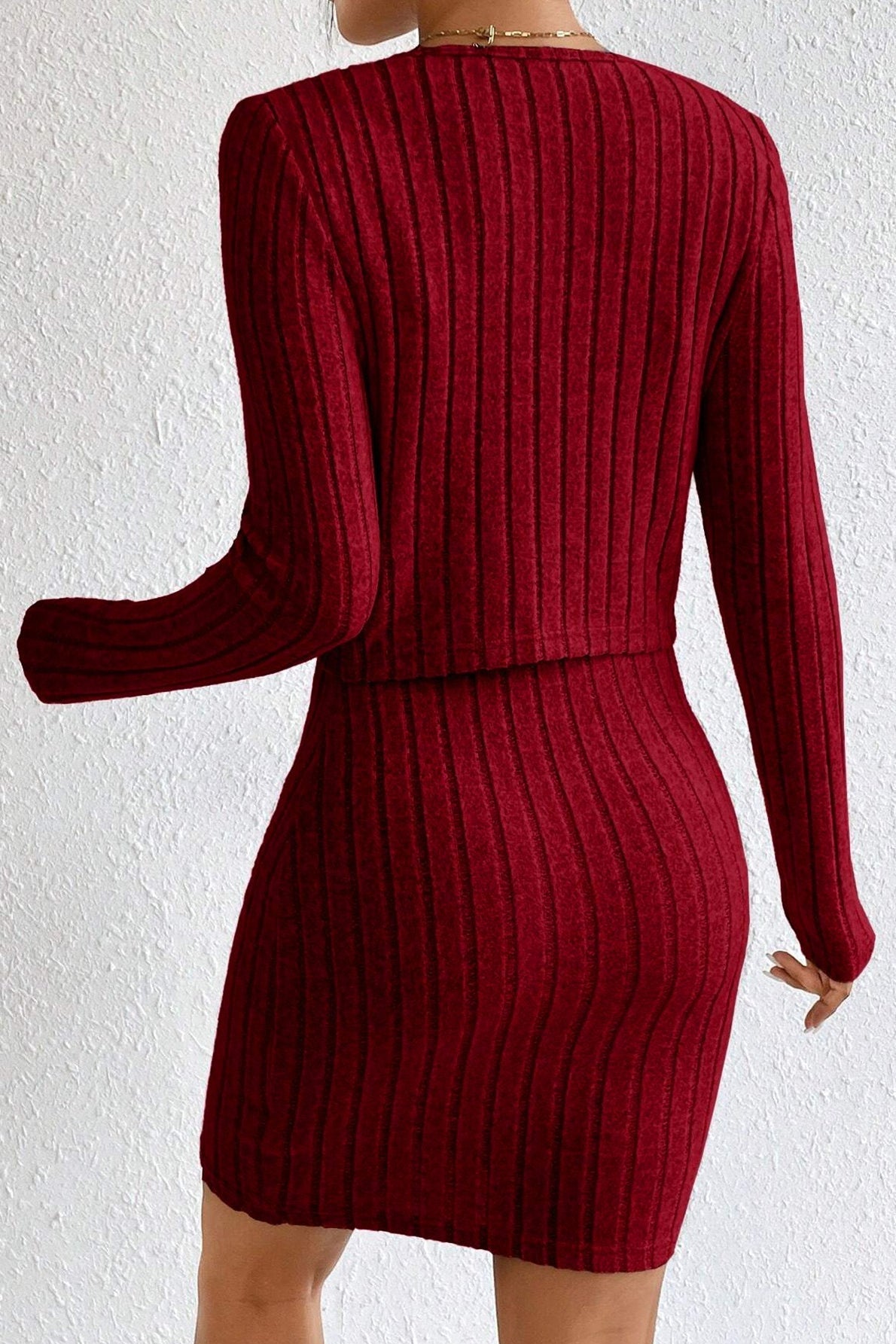 Elegant Solid Slim Crop Cardigan Dress Two Piece Set