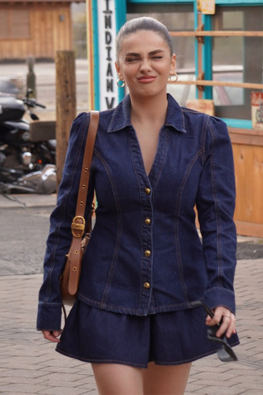 Denim Collared Single Breasted Short Skirt Set Mini Dress