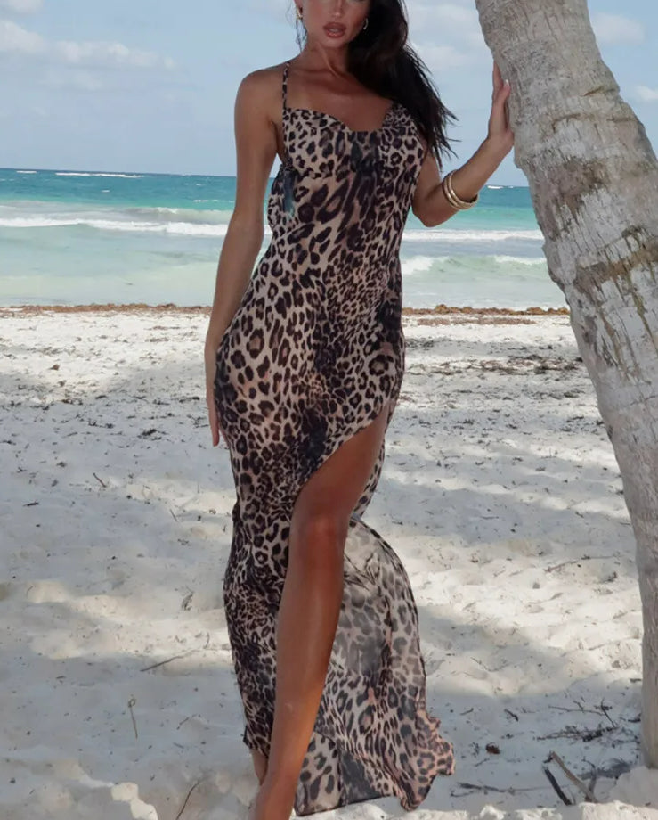 Leopard Vneck Slit Maxi Dress