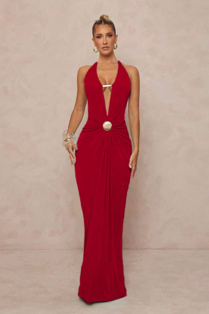 Deep V Halter Ruched Metal Trim Backless Maxi Dress
