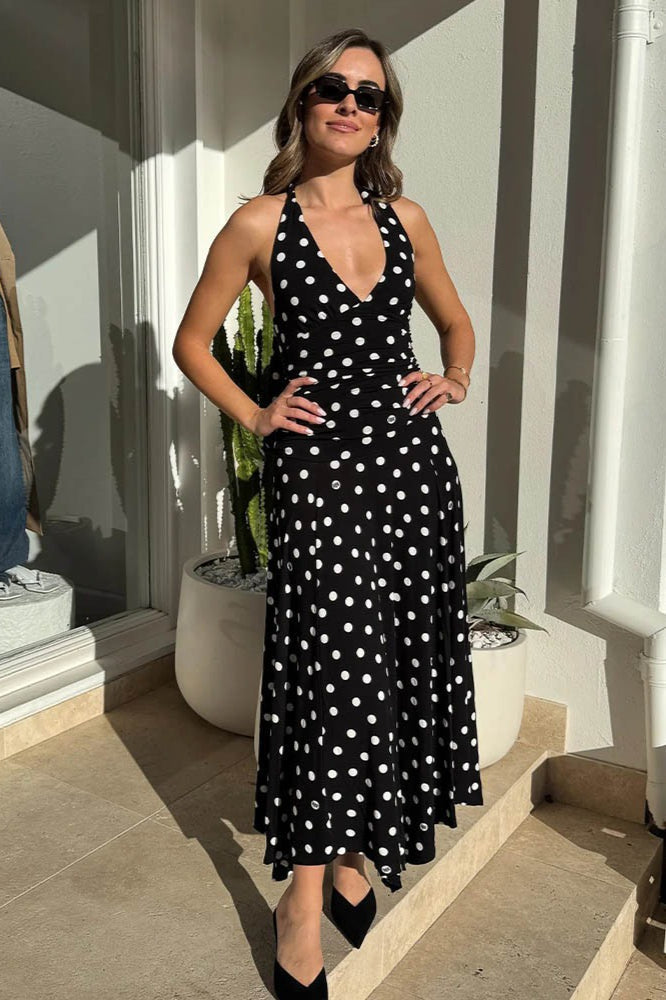 Polka Dot Halter VNeck Ruched Maxi Dress