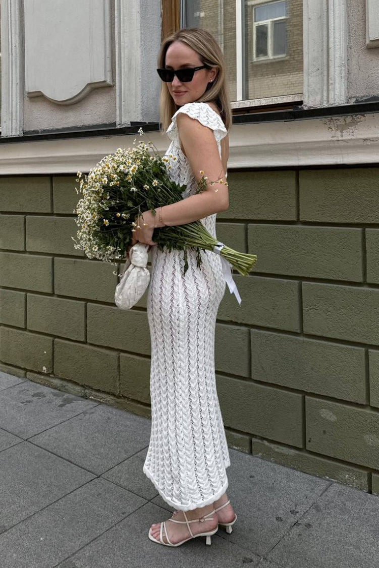 French Ruffle V Neck Knit Pastoral Maxi Dress