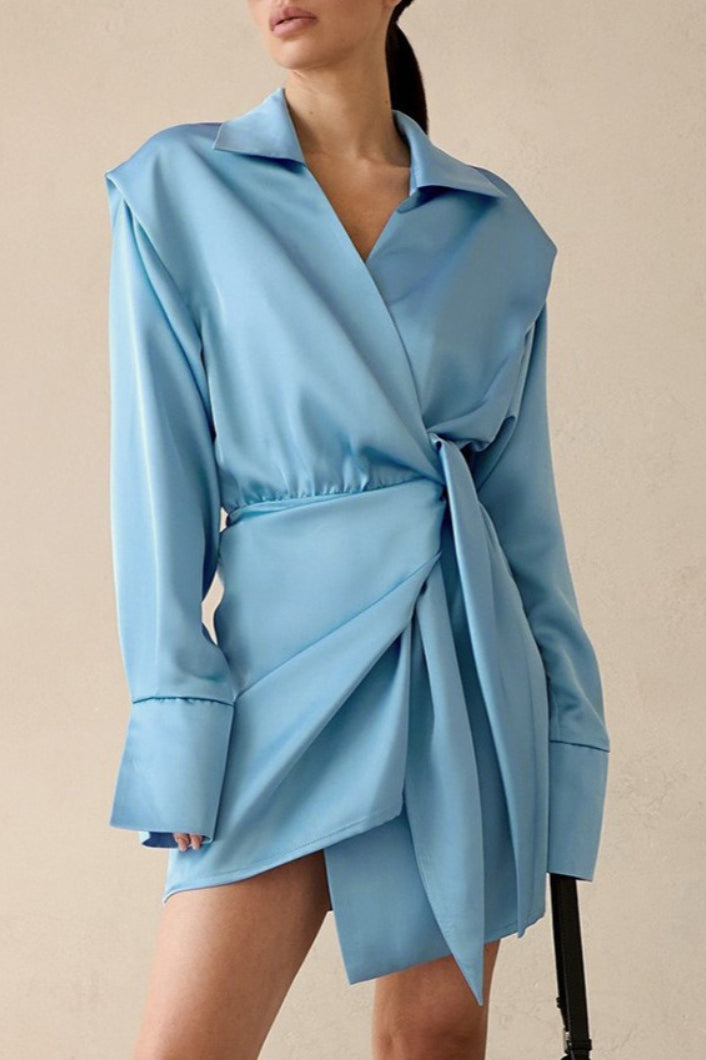 Solid Wrap Front Long Sleeve Slim Waist Mini Dress