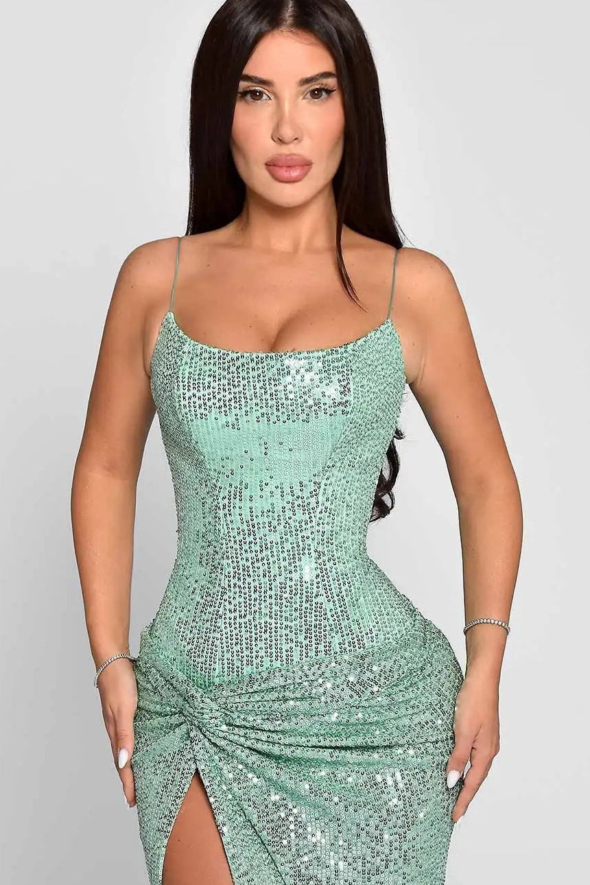 Sexy Spaghetti Strap Slit Sequin Formal Dress