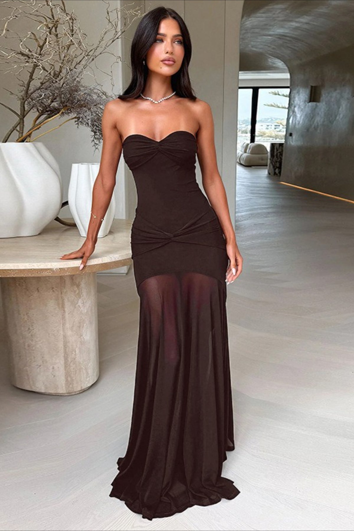 Mesh Patchwork Strapless Shirred Backless Bodycon Maxi Dress