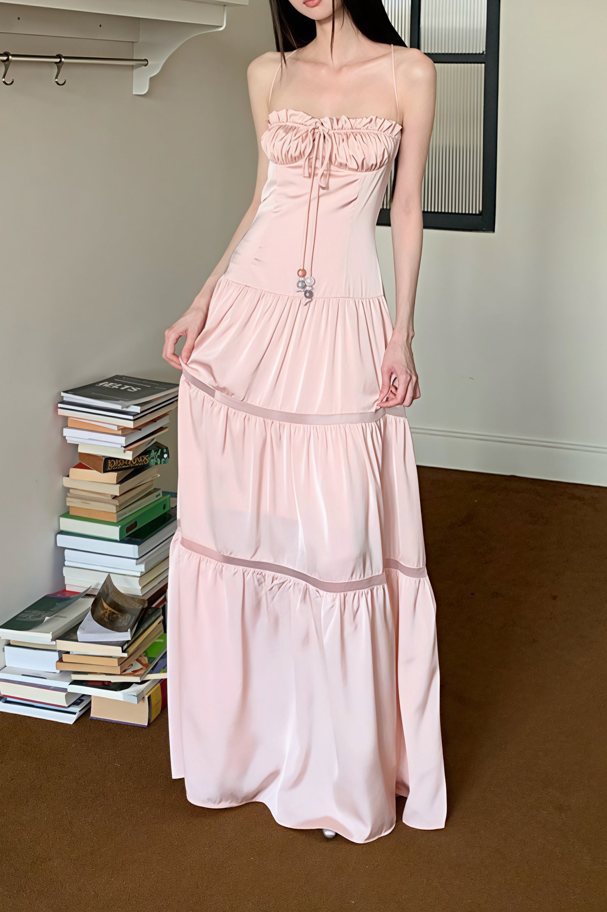 Pink Satin Tie Strapless Spaghetti Strap Maxi Dress
