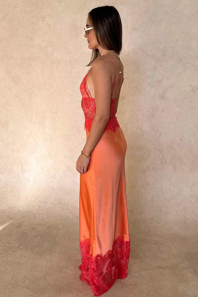 Elegant Sexy Deep V Sheer Lace Patchwork Maxi Dress