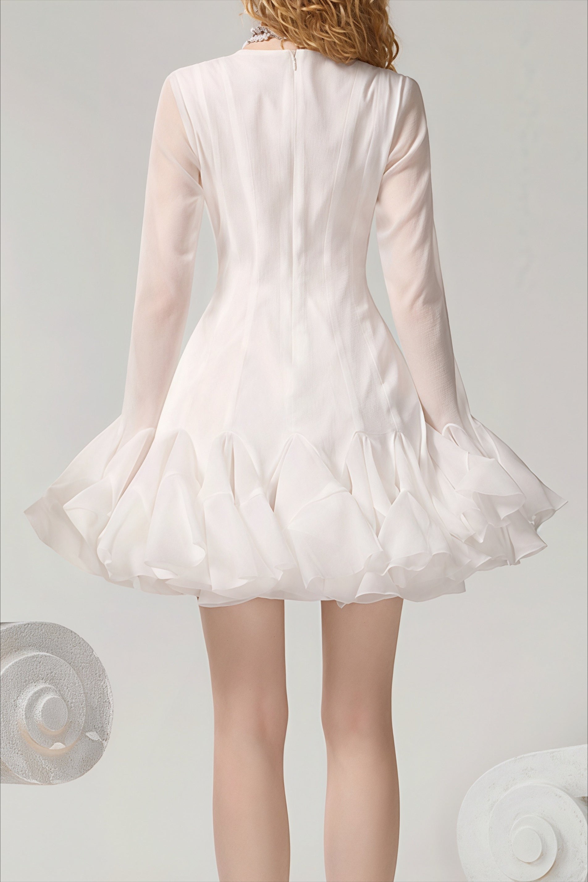 Elegant Buttoned Ruffled Long Puff Sleeve Mini Dress