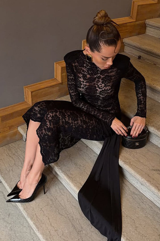 Floral Lace Cutout Sash Elegant Maxi Dress