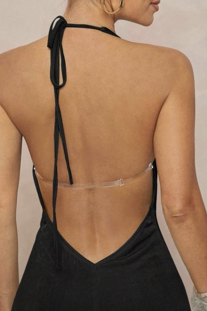 Deep V Halter Ruched Metal Trim Backless Maxi Dress