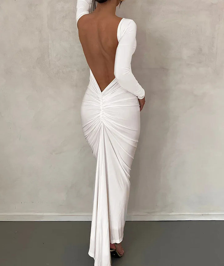 Draped Backless Long Sleeve Maxi Dress