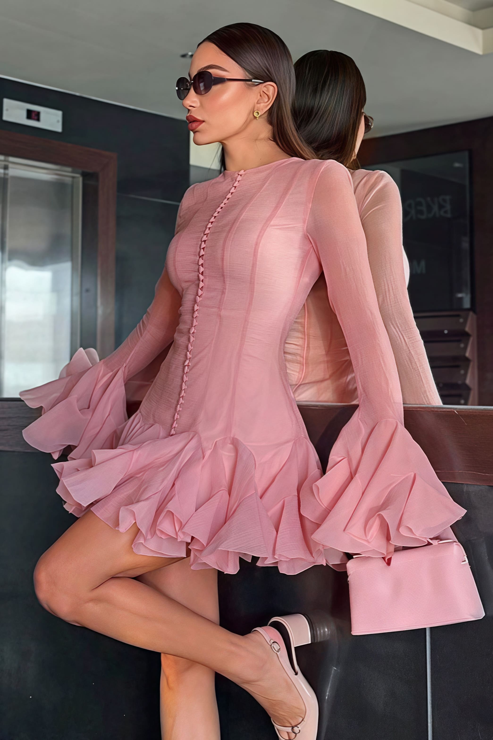 Elegant Buttoned Ruffled Long Puff Sleeve Mini Dress