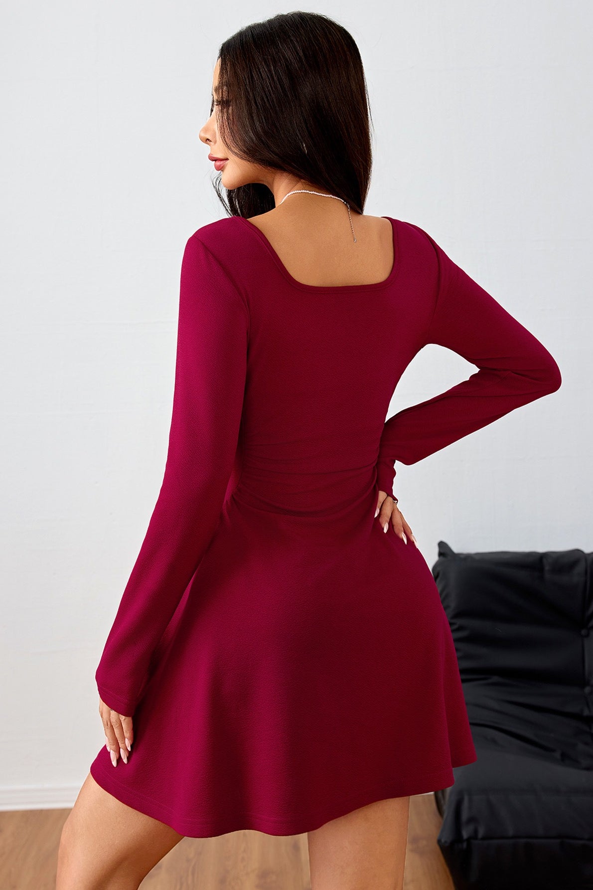 Ruched Solid Square Neck High Waist Elegant Mini Dress
