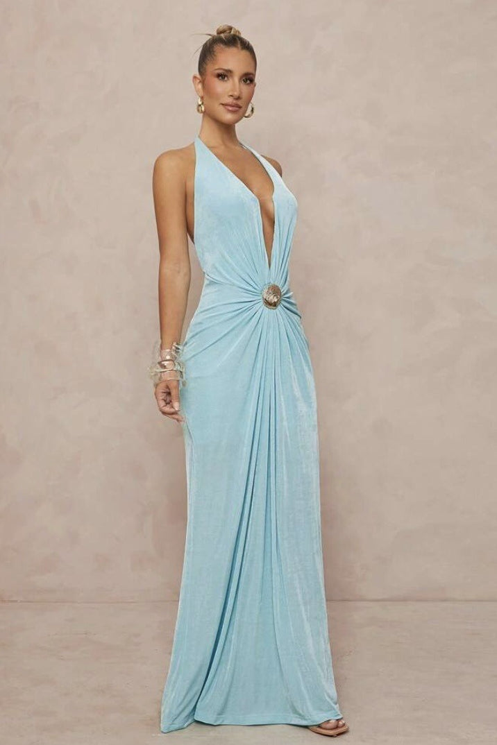 Deep V Halter Ruched Metal Trim Backless Maxi Dress