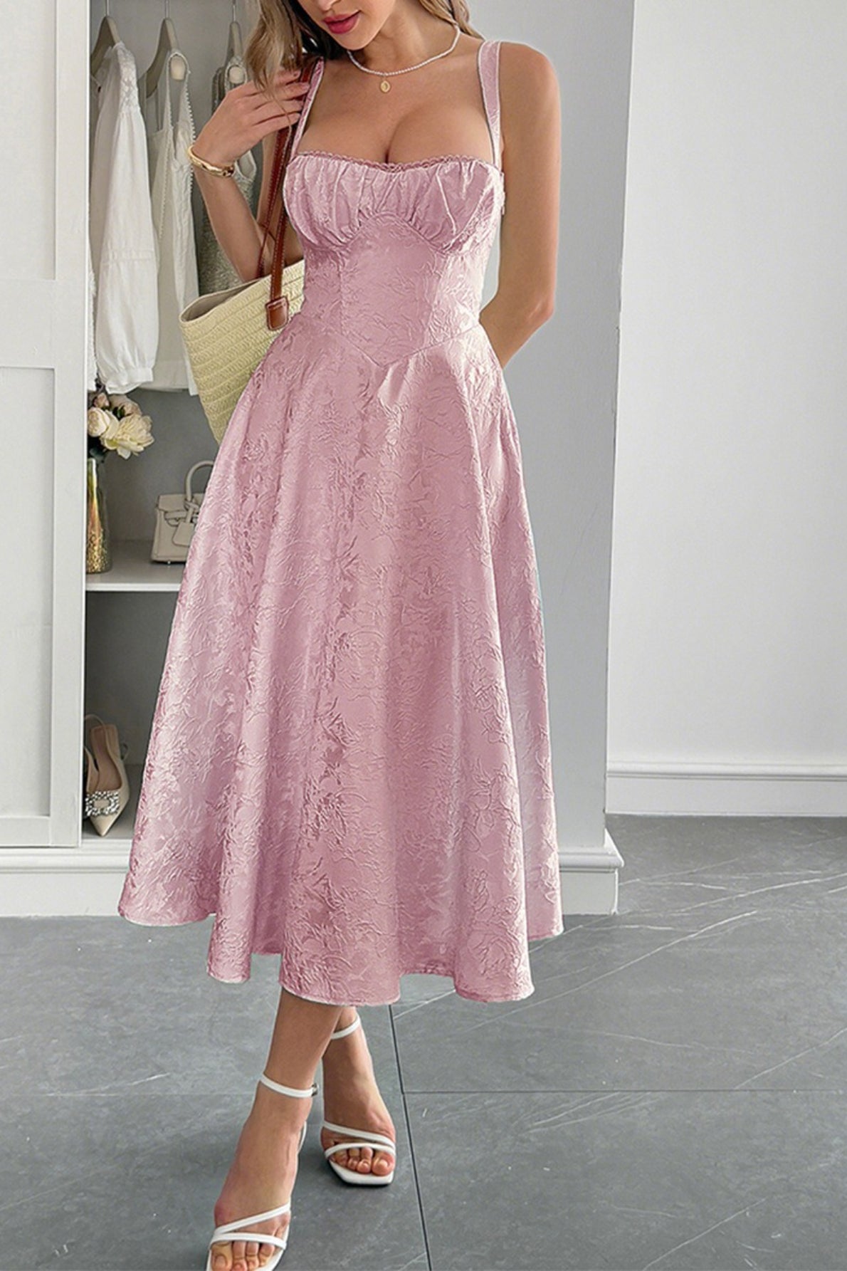 Elegant Spaghetti Strap Jacquard Maxi Formal Dress