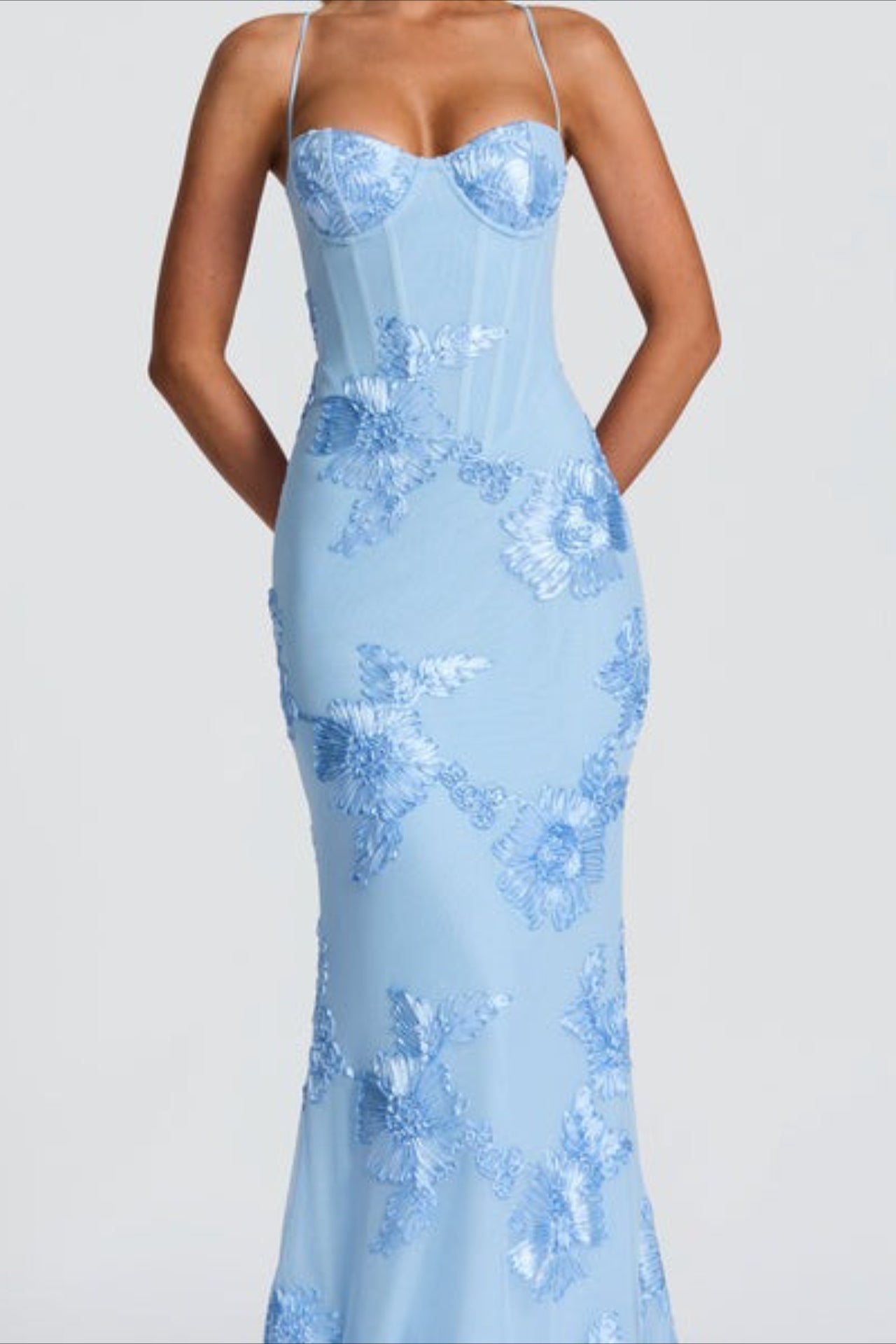 Floral Applique Backless Maxi Formal Dress