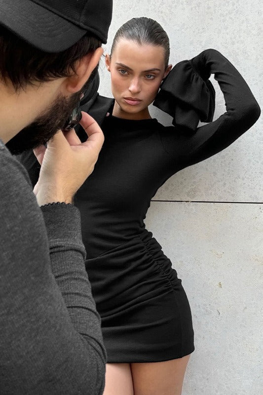 Solid Color Crew Neck Ruffled Ruched Sexy Mini Dress