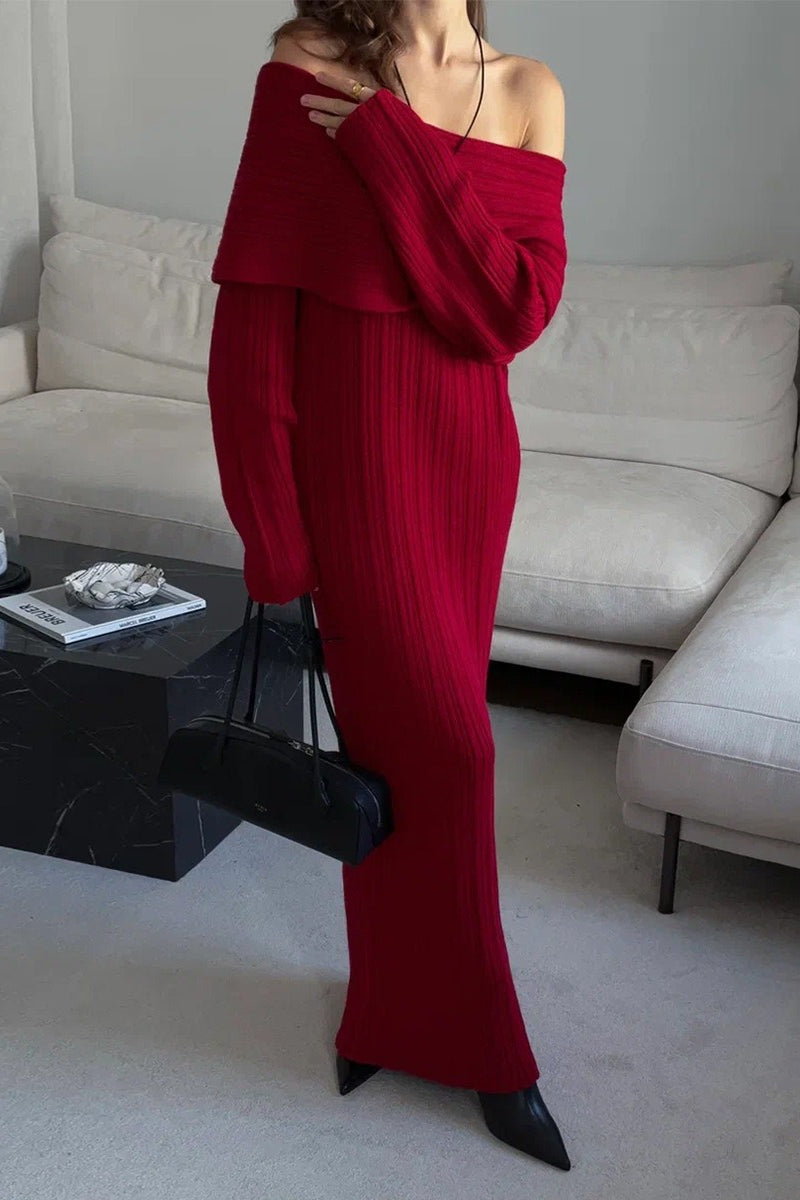Solid Elegant Minimalist Off Shoulder Bodycon Knit Maxi Dress