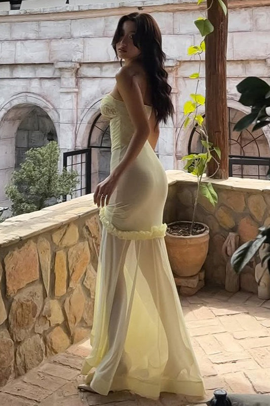 Solid Floral Patchwork Boned Tie Ruched Elegant Maxi Dress