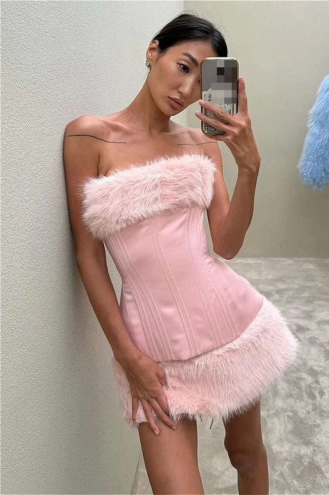Solid Fuzzy Paneled Tie Waist Sexy Mini Dress