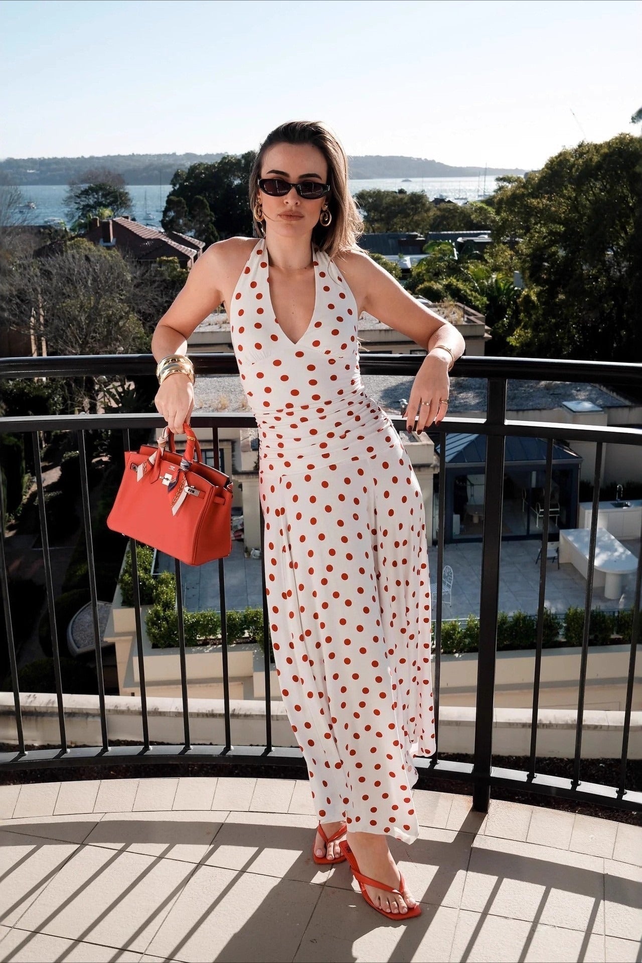 Polka Dot Halter VNeck Ruched Maxi Dress